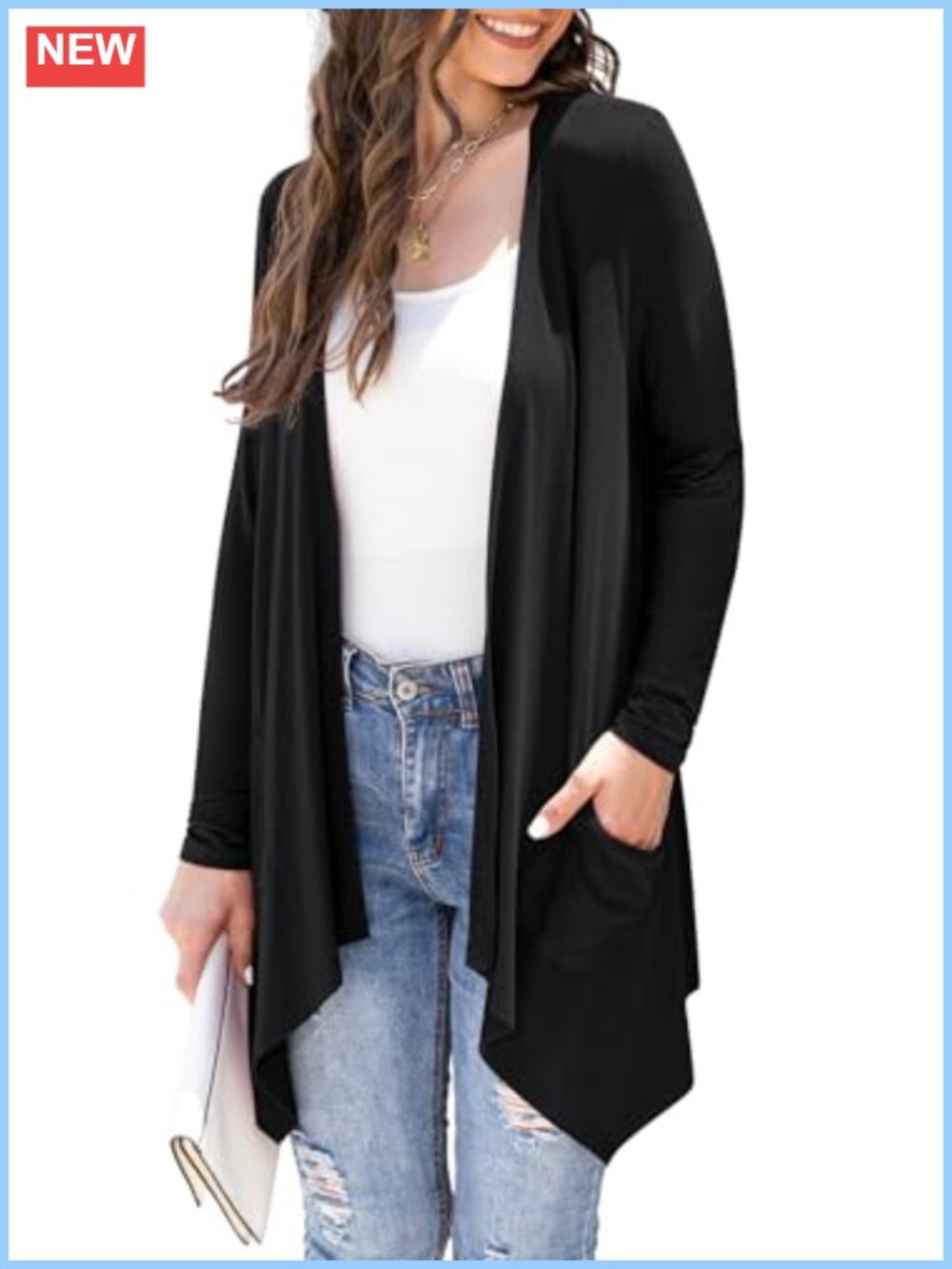 Lightweight Open Front Cardigan Asymmetrical Hem Pockets Rayon Blend